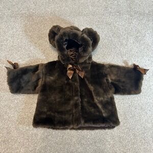 Bearington Baby Faux Fur Bear Coat Brown Hooded Jacket Ears Bows 6-12 Months
